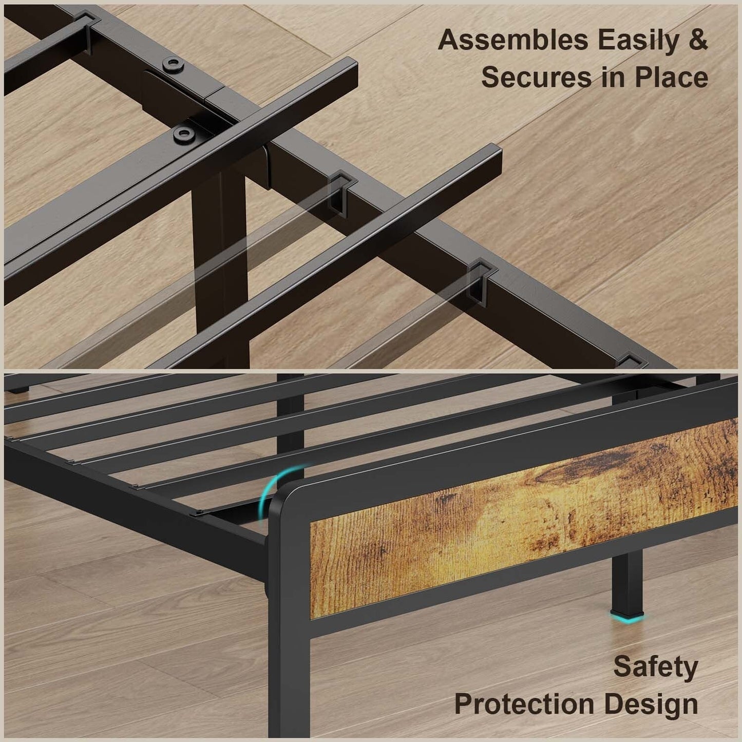 Cadre de lit à plateforme en métal pour lit jumeau / double / queen / king size avec tête de lit rembourrée et rangement.
