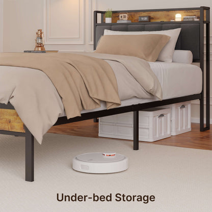Cadre de lit à plateforme en métal pour lit jumeau / double / queen / king size avec tête de lit rembourrée et rangement.