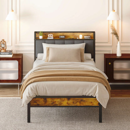 Cadre de lit à plateforme en métal pour lit jumeau / double / queen / king size avec tête de lit rembourrée et rangement.