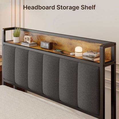 Cadre de lit à plateforme en métal pour lit jumeau / double / queen / king size avec tête de lit rembourrée et rangement.