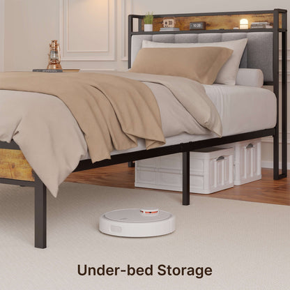 Cadre de lit à plateforme en métal pour lit jumeau / double / queen / king size avec tête de lit rembourrée et rangement.