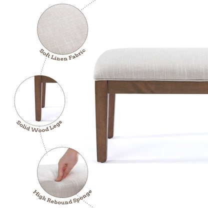 Banc d'entrée recouvert de tissu, banc de chambre à coucher pour le pied du lit, beige, en bois massif, 44 pouces