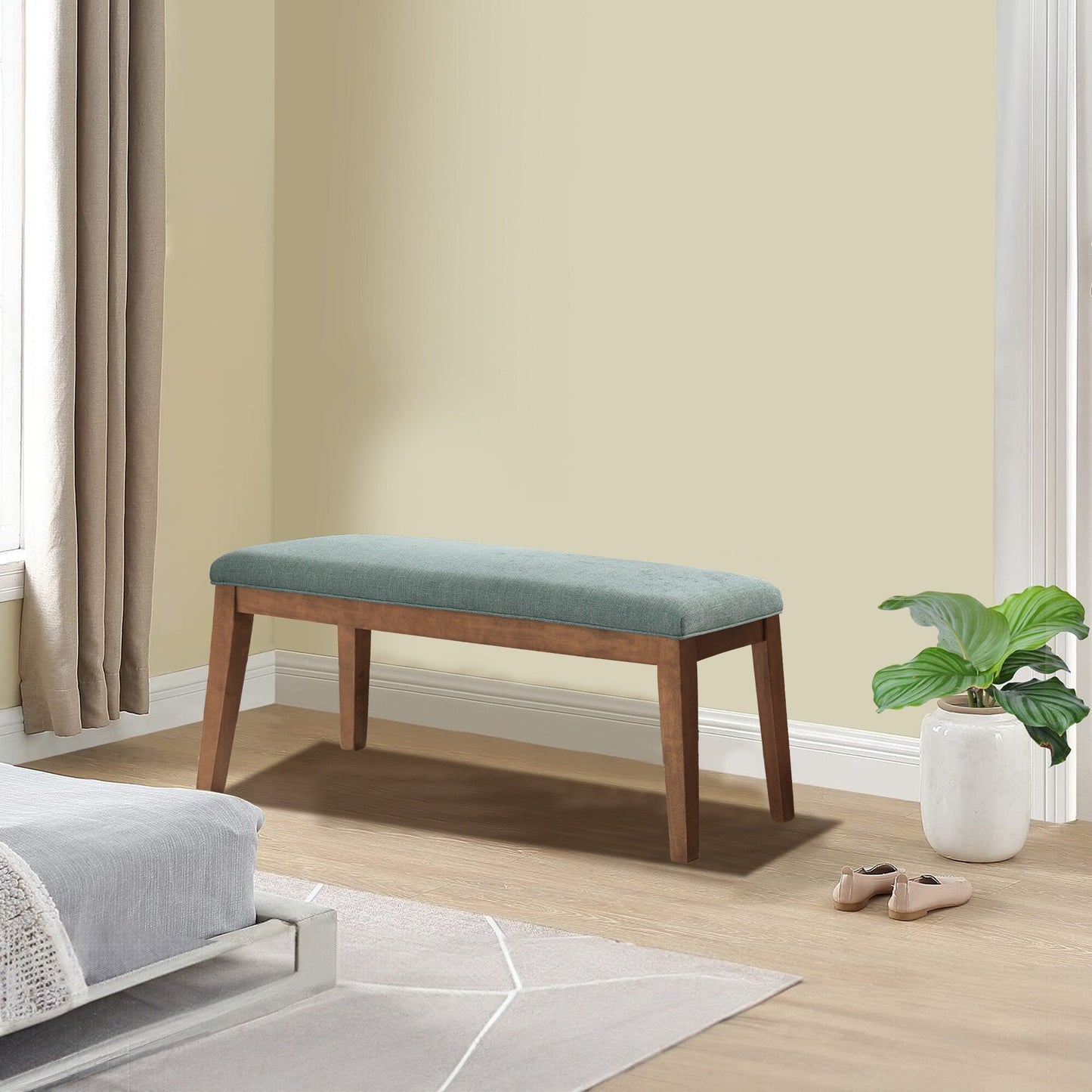Banc d'entrée recouvert de tissu, banc de chambre à coucher pour le pied du lit, beige, en bois massif, 44 pouces