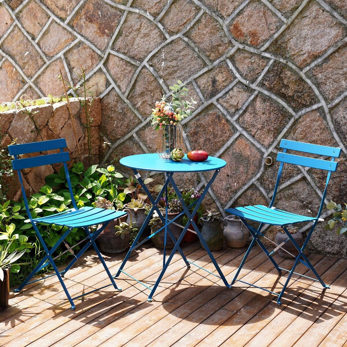 Ensemble de bistro pliable en métal 3 pièces, ensemble de conversation résistant aux intempéries pour l'intérieur et l'extérieur, pour patio, jardin, cour.