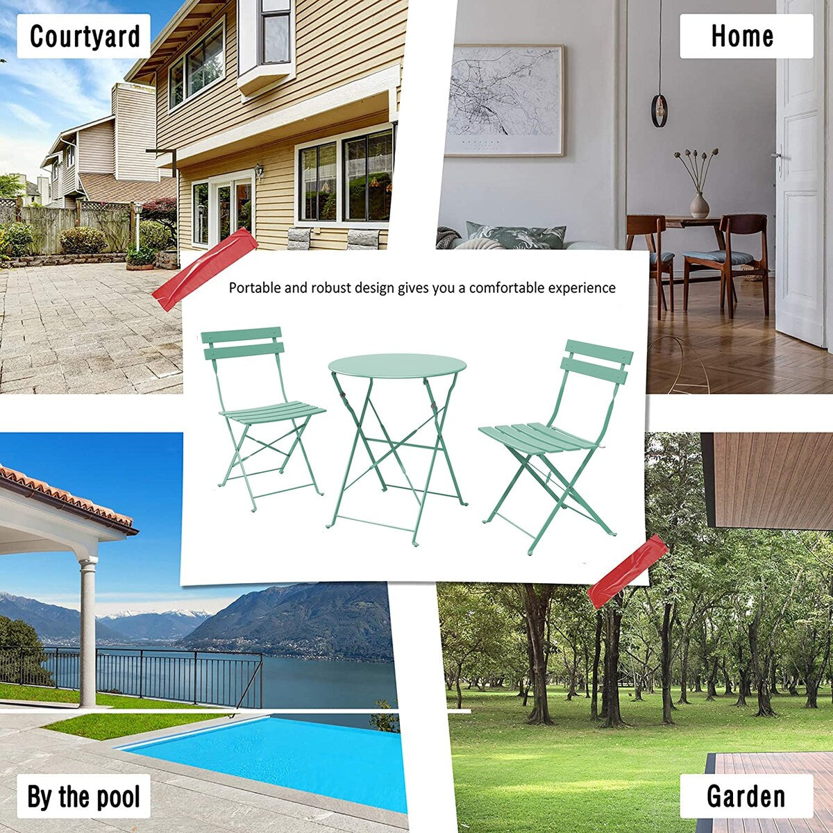 Ensemble de bistro pliable en métal 3 pièces, ensemble de conversation résistant aux intempéries pour l'intérieur et l'extérieur, pour patio, jardin, cour.