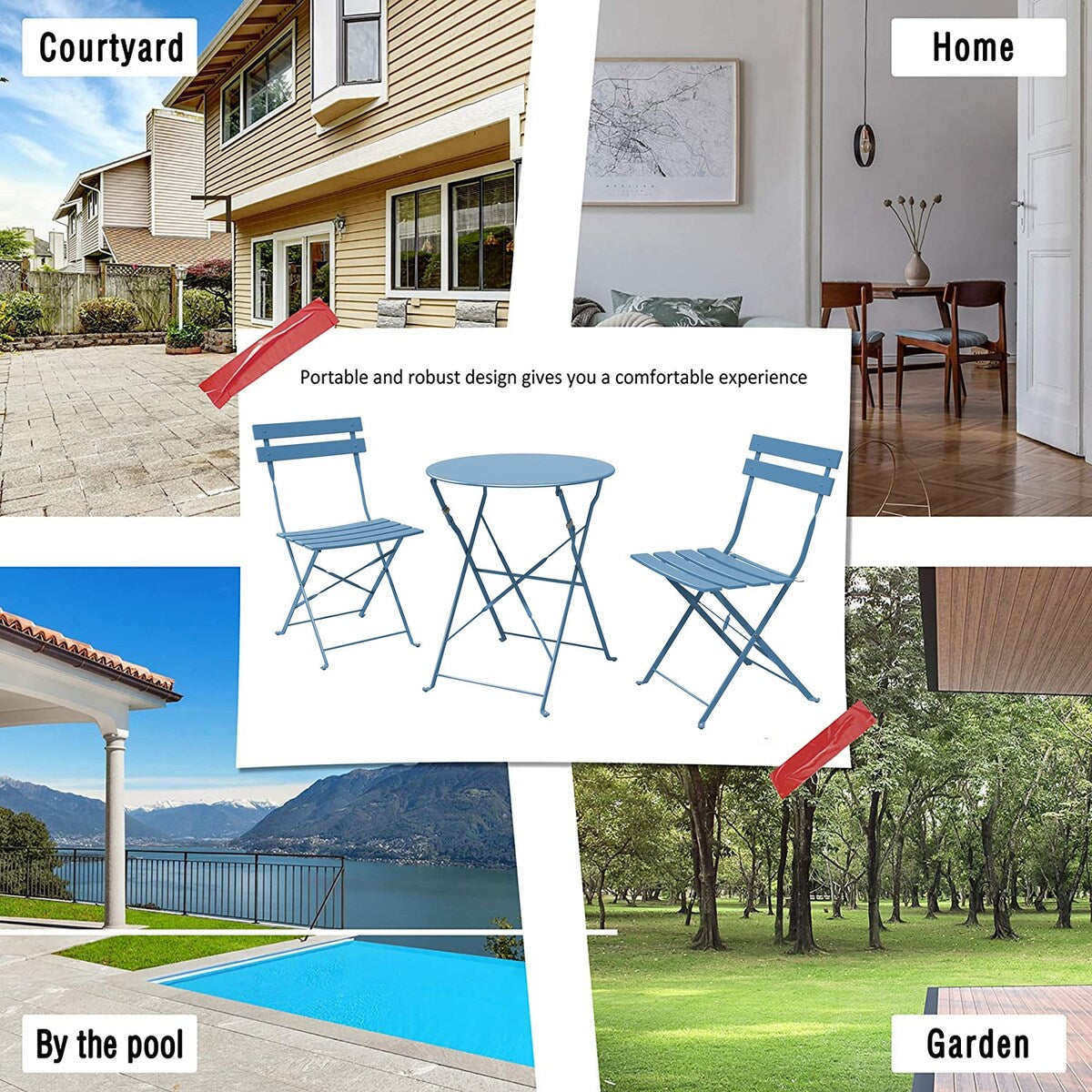 Ensemble de bistro pliable en métal 3 pièces, ensemble de conversation résistant aux intempéries pour l'intérieur et l'extérieur, pour patio, jardin, cour.