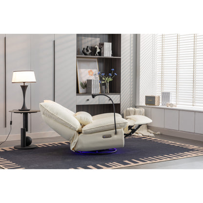 Fauteuil inclinable pivotant à commande électrique avec haut-parleurs Bluetooth, porte-téléphone, ports de charge USB et Type-C, et rangement caché dans les accoudoirs.