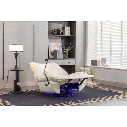 Fauteuil inclinable pivotant à commande électrique avec haut-parleurs Bluetooth, porte-téléphone, ports de charge USB et Type-C, et rangement caché dans les accoudoirs.