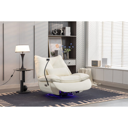 Fauteuil inclinable pivotant à commande électrique avec haut-parleurs Bluetooth, porte-téléphone, ports de charge USB et Type-C, et rangement caché dans les accoudoirs.