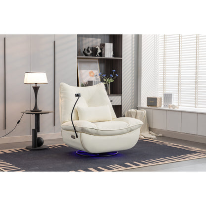 Fauteuil inclinable pivotant à commande électrique avec haut-parleurs Bluetooth, porte-téléphone, ports de charge USB et Type-C, et rangement caché dans les accoudoirs.