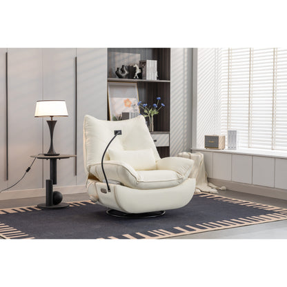 Fauteuil inclinable pivotant à commande électrique avec haut-parleurs Bluetooth, porte-téléphone, ports de charge USB et Type-C, et rangement caché dans les accoudoirs.