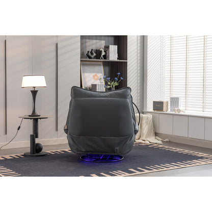 Fauteuil inclinable pivotant à commande électrique avec haut-parleurs Bluetooth, porte-téléphone, ports de charge USB et Type-C, et rangement caché dans les accoudoirs.