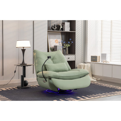 Fauteuil inclinable pivotant à commande électrique avec haut-parleurs Bluetooth, porte-téléphone, ports de charge USB et Type-C, et rangement caché dans les accoudoirs.