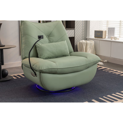 Fauteuil inclinable pivotant à commande électrique avec haut-parleurs Bluetooth, porte-téléphone, ports de charge USB et Type-C, et rangement caché dans les accoudoirs.