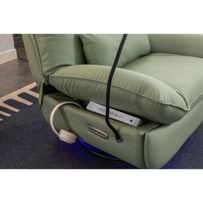 Fauteuil inclinable pivotant à commande électrique avec haut-parleurs Bluetooth, porte-téléphone, ports de charge USB et Type-C, et rangement caché dans les accoudoirs.
