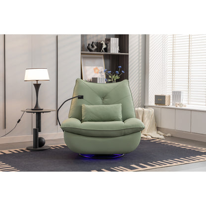 Fauteuil inclinable pivotant à commande électrique avec haut-parleurs Bluetooth, porte-téléphone, ports de charge USB et Type-C, et rangement caché dans les accoudoirs.