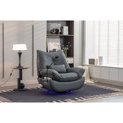 Fauteuil inclinable pivotant à commande électrique avec haut-parleurs Bluetooth, porte-téléphone, ports de charge USB et Type-C, et rangement caché dans les accoudoirs.