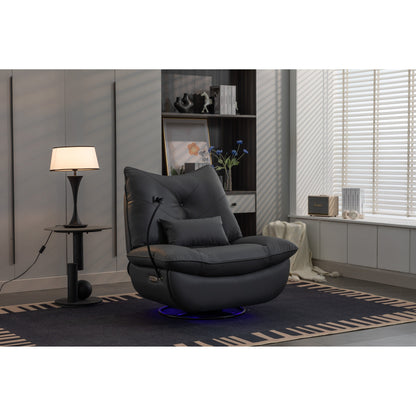 Fauteuil inclinable pivotant à commande électrique avec haut-parleurs Bluetooth, porte-téléphone, ports de charge USB et Type-C, et rangement caché dans les accoudoirs.