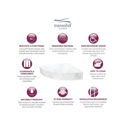 Transolid Studio, siège de douche d'angle mural en surface solide, 35,5 x 35,5 cm - 36,8 x 36,2 x 7,6 cm
