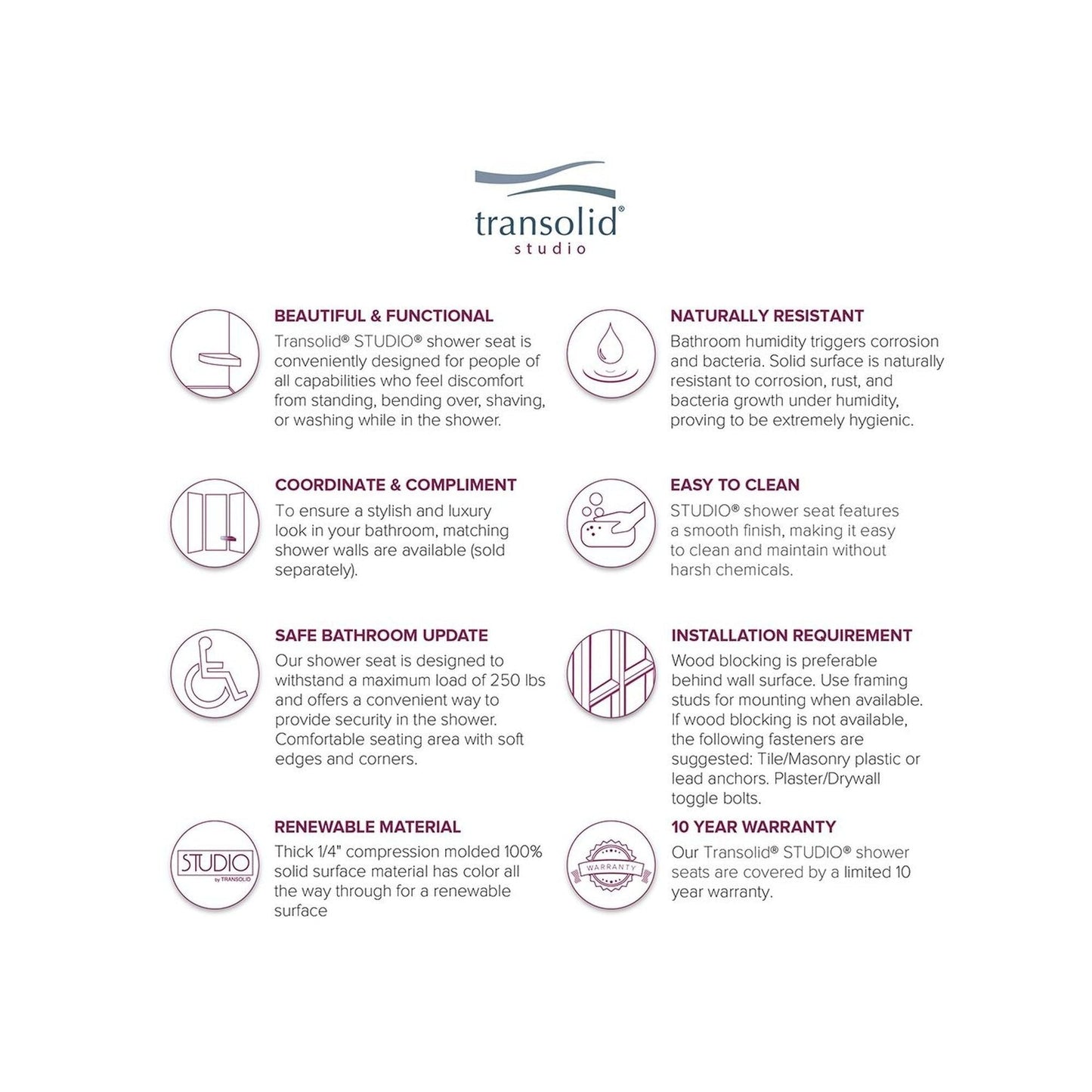 Transolid Studio, siège de douche d'angle mural en surface solide, 35,5 x 35,5 cm - 36,8 x 36,2 x 7,6 cm