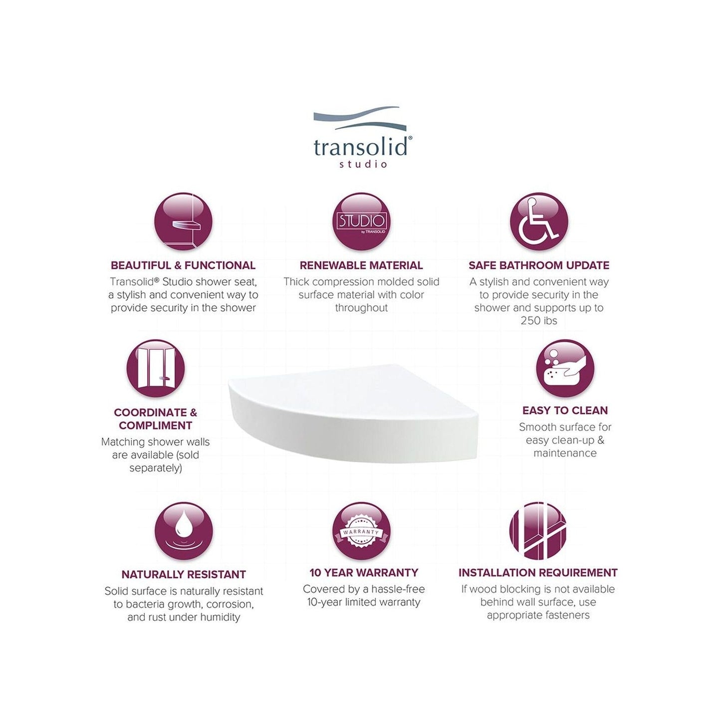 Transolid Studio, siège de douche d'angle mural en surface solide, 35,5 x 35,5 cm - 36,8 x 36,2 x 7,6 cm