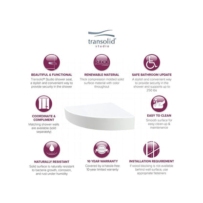 Transolid Studio, siège de douche d'angle mural en surface solide, 35,5 x 35,5 cm - 36,8 x 36,2 x 7,6 cm