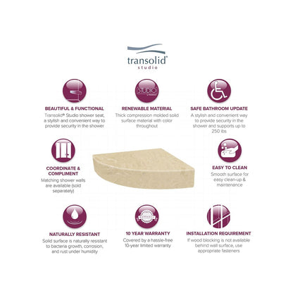 Transolid Studio, siège de douche d'angle mural en surface solide, 35,5 x 35,5 cm - 36,8 x 36,2 x 7,6 cm