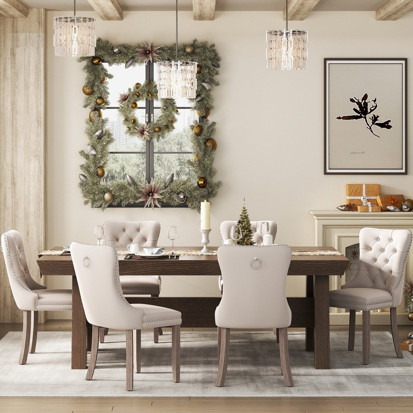 Lot de 6 chaises de salle à manger en velours capitonné avec pieds en bois massif.