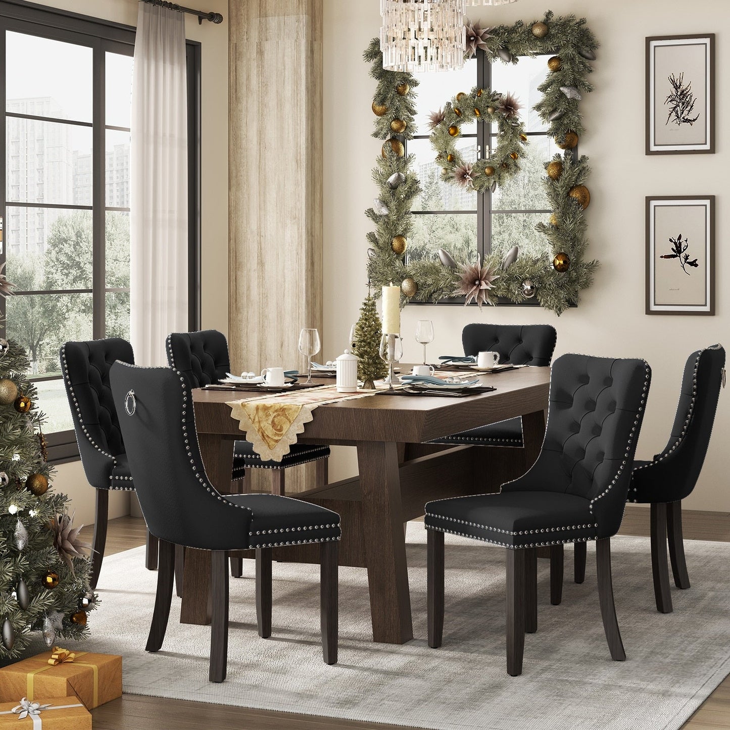 Lot de 6 chaises de salle à manger en velours capitonné avec pieds en bois massif.