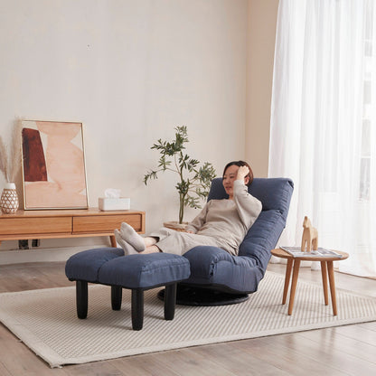 Ensemble de fauteuil inclinable sans accoudoirs, recouvert de tissu, avec repose-pieds et repose-tête réglable.