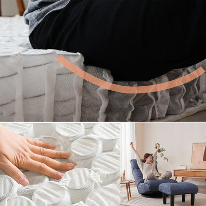 Ensemble de fauteuil inclinable sans accoudoirs, recouvert de tissu, avec repose-pieds et repose-tête réglable.