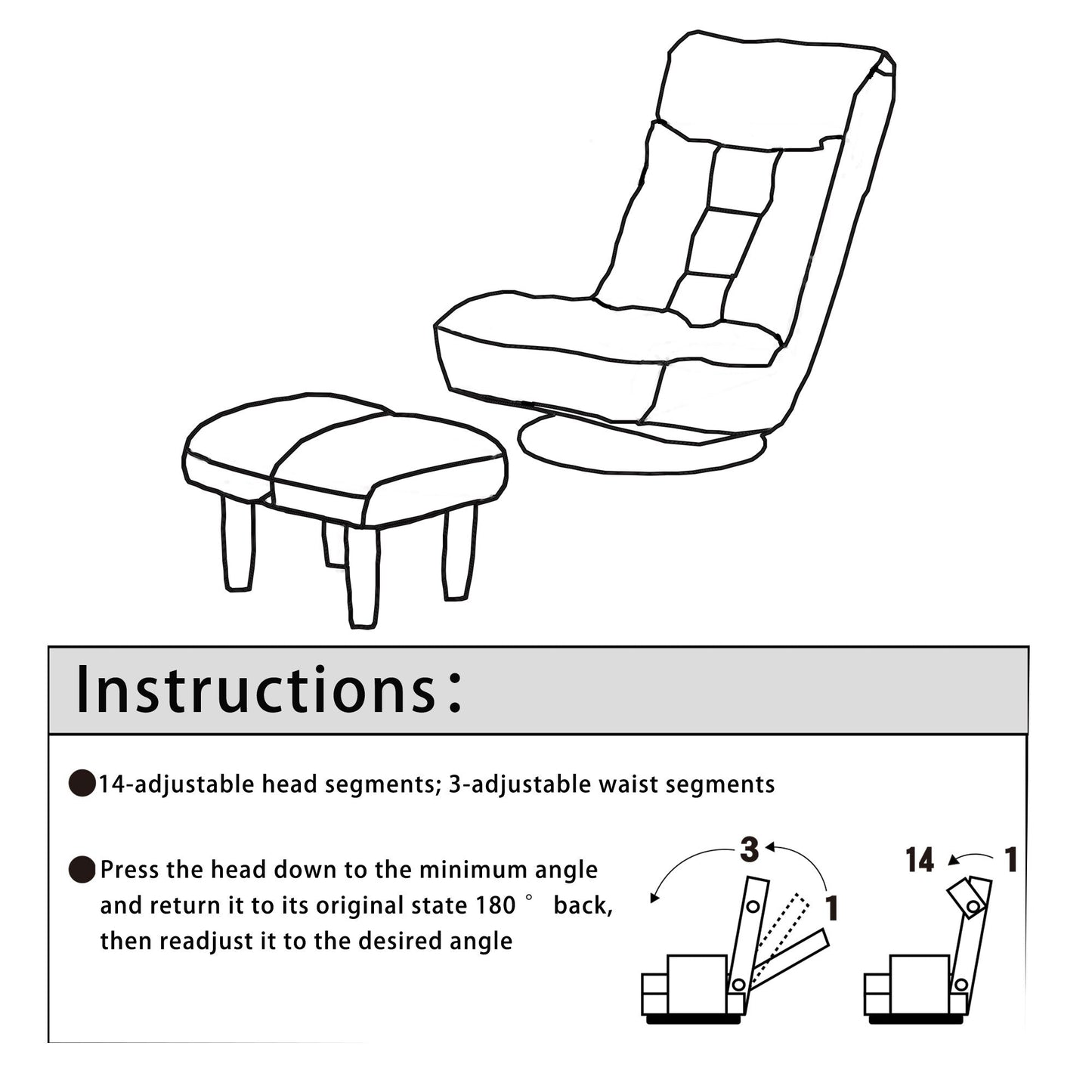 Ensemble de fauteuil inclinable sans accoudoirs, recouvert de tissu, avec repose-pieds et repose-tête réglable.