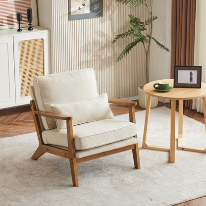 Fauteuil d'appoint en tissu mélangé de lin avec pieds en bois et un coussin beige.