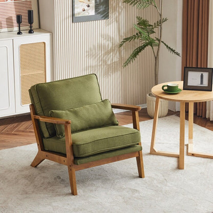 Fauteuil d'appoint en tissu mélangé de lin avec pieds en bois et un coussin beige.
