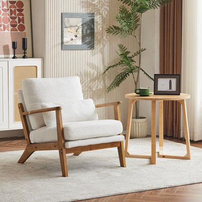 Fauteuil d'appoint en tissu mélangé de lin avec pieds en bois et un coussin beige.