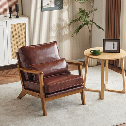 Fauteuil d'appoint en tissu mélangé de lin avec pieds en bois et un coussin beige.