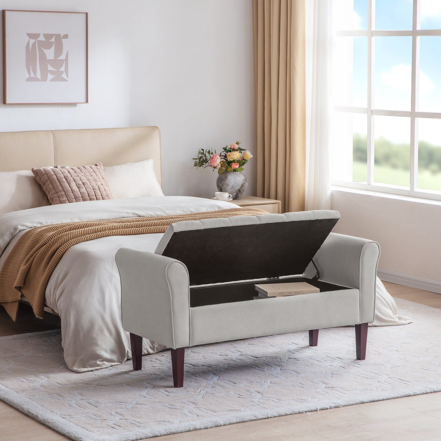 Banc de rangement capitonné, banc avec accoudoirs, banc d'entrée avec couvercle rabattable, 50,4 pouces.