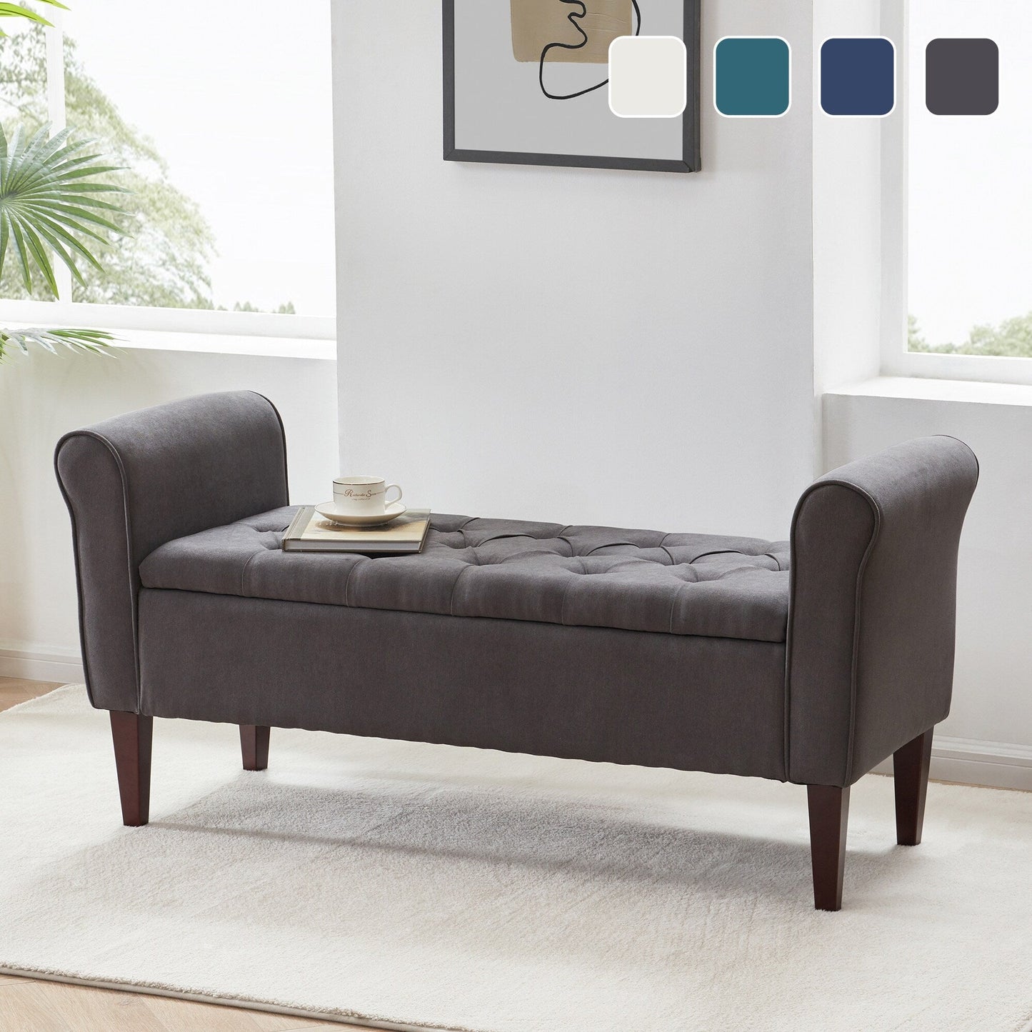 Banc de rangement capitonné, banc avec accoudoirs, banc d'entrée avec couvercle rabattable, 50,4 pouces.