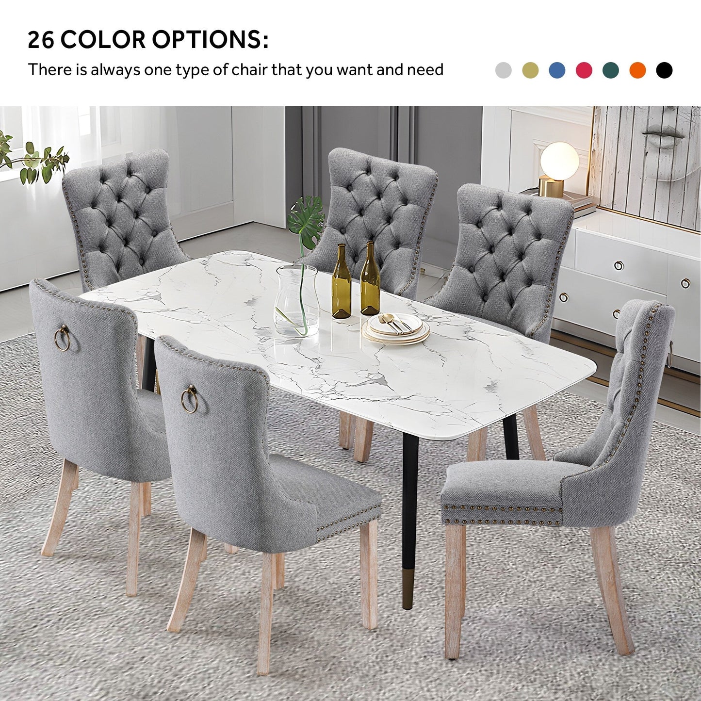 Lot de 6 chaises de salle à manger en velours capitonné avec pieds en bois massif.