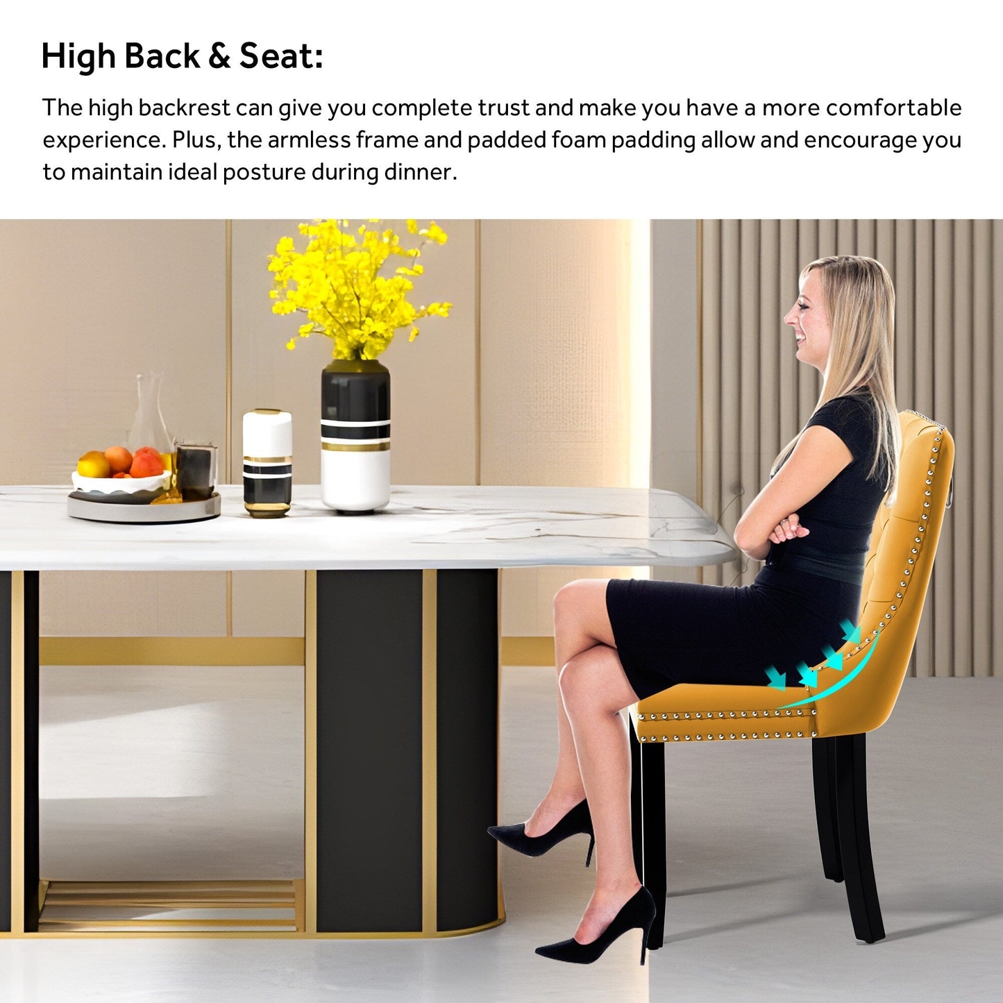 Lot de 6 chaises de salle à manger en velours capitonné avec pieds en bois massif.