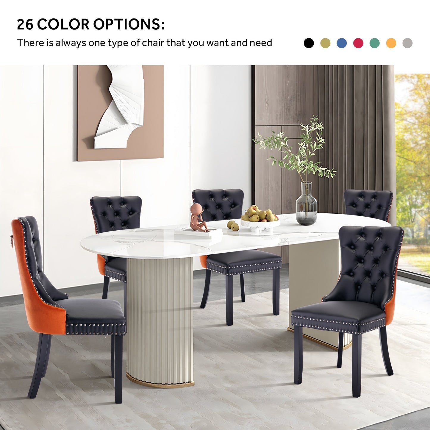 Lot de 6 chaises de salle à manger en velours capitonné avec pieds en bois massif.