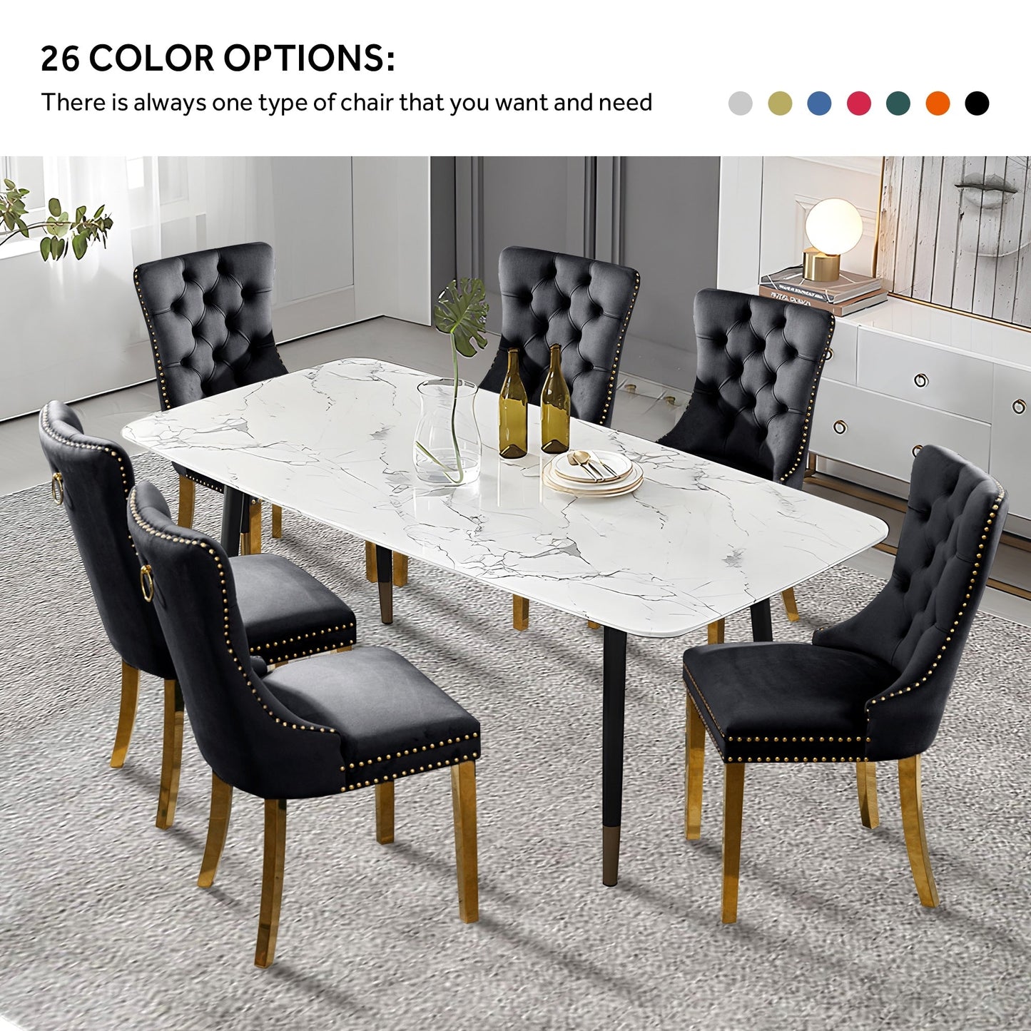 Lot de 6 chaises de salle à manger en velours capitonné avec pieds en bois massif.