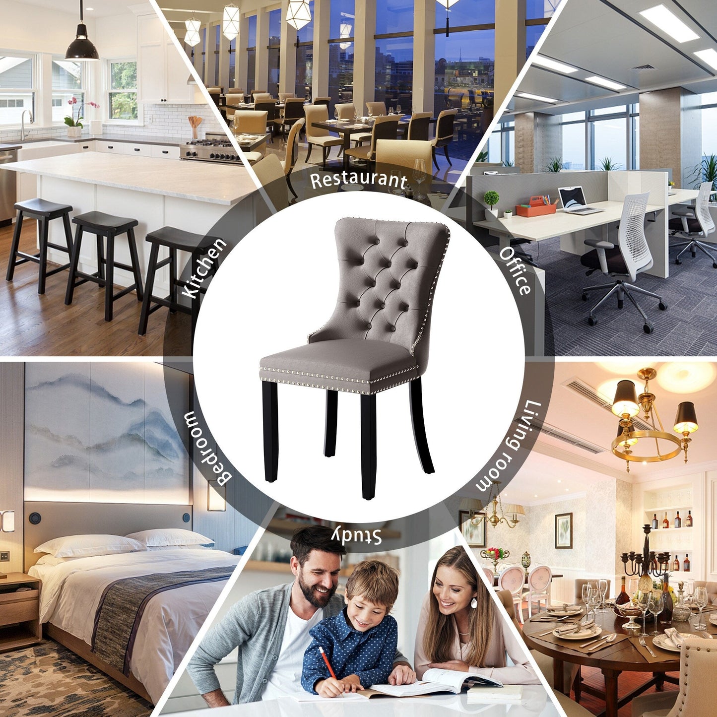 Lot de 6 chaises de salle à manger en velours capitonné avec pieds en bois massif.