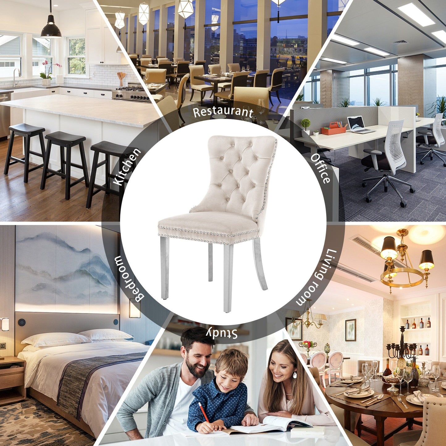 Lot de 6 chaises de salle à manger en velours capitonné avec pieds en bois massif.