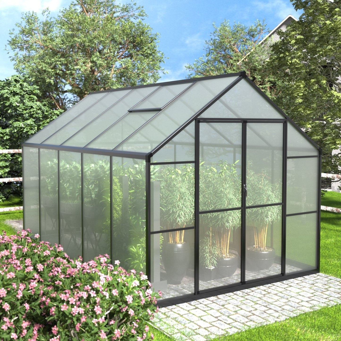 VEIKOUS Kit de serre de jardin en aluminium avec porte verrouillable et fenêtre de toit réglable, gris.