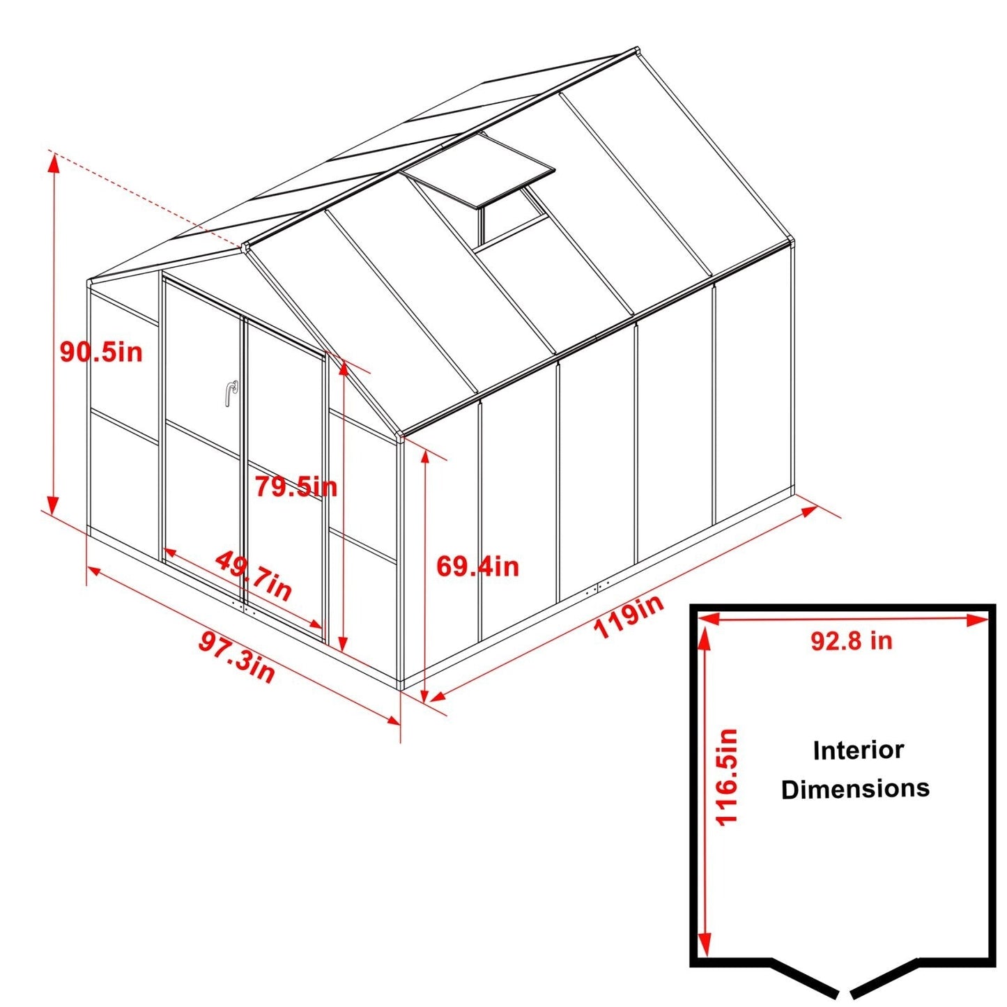 VEIKOUS Kit de serre de jardin en aluminium avec porte verrouillable et fenêtre de toit réglable, gris.