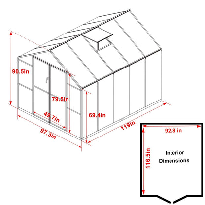 VEIKOUS Kit de serre de jardin en aluminium avec porte verrouillable et fenêtre de toit réglable, gris.