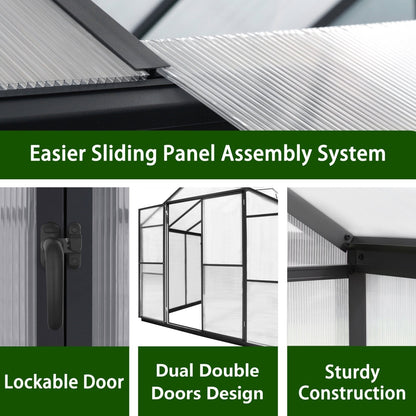 VEIKOUS Kit de serre de jardin en aluminium avec porte verrouillable et fenêtre de toit réglable, gris.