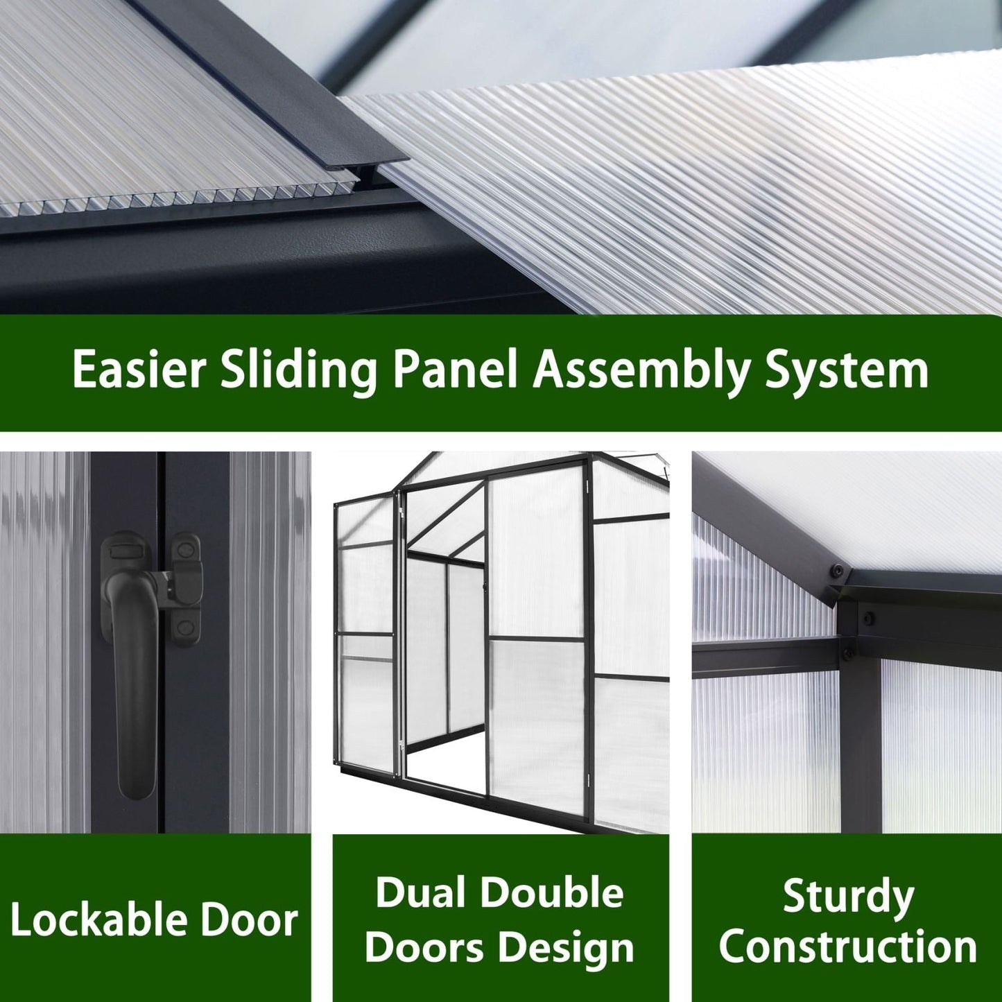 VEIKOUS Kit de serre de jardin en aluminium avec porte verrouillable et fenêtre de toit réglable, gris.