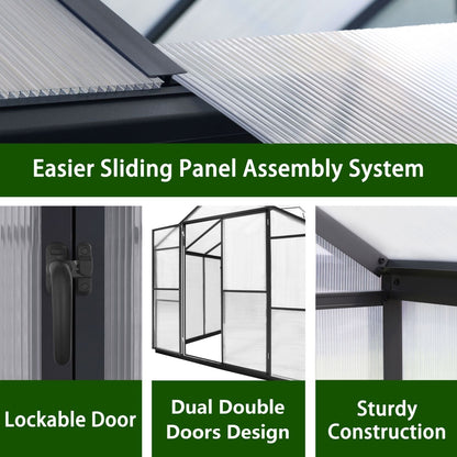 VEIKOUS Kit de serre de jardin en aluminium avec porte verrouillable et fenêtre de toit réglable, gris.